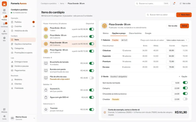 Tela do cardápio no painel: categorias, itens, preços e disponibilidade.