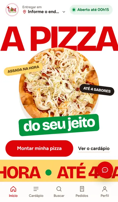Site da Clone Pizza no celular, com o botão de montar a pizza.