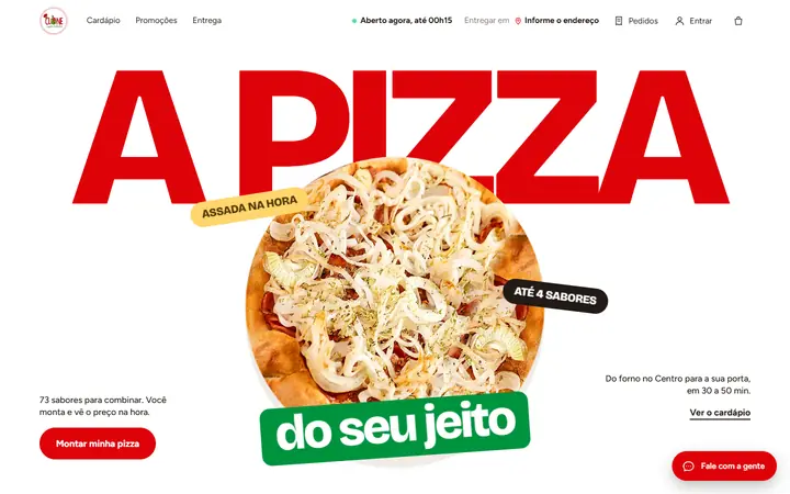 Site da Clone Pizza no computador: a abertura "A pizza do seu jeito" e o cardápio.