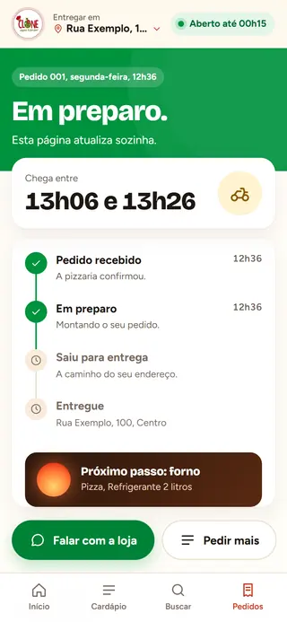 Acompanhamento no celular: pedido em preparo, previsão de chegada e as etapas.