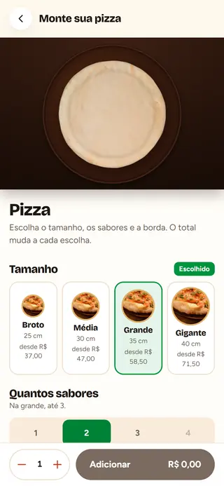 Montador no celular: a massa da pizza grande, ainda sem sabor.