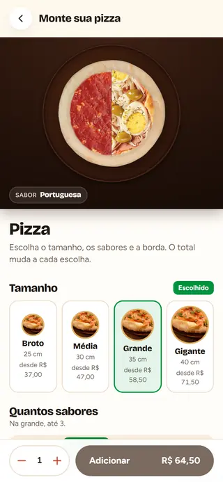 Montador no celular: metade da pizza com o primeiro sabor.