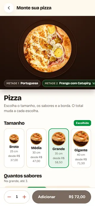 Montador no celular: a pizza com dois sabores, um em cada metade.