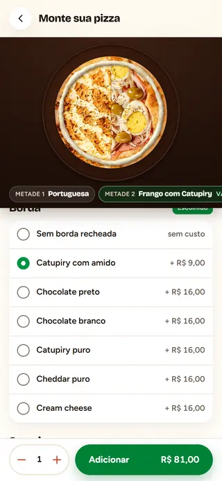 Montador no celular: a lista de bordas e a pizza com a borda recheada.