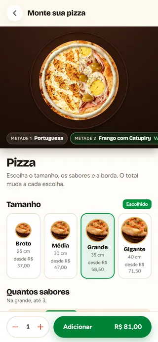 Montador no celular: a pizza pronta e o botão de adicionar com o total.