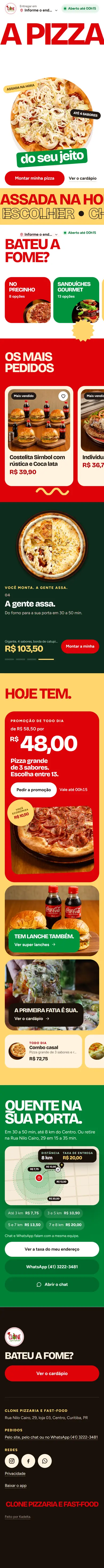 A home da Clone Pizza no celular, da abertura ao rodapé.
