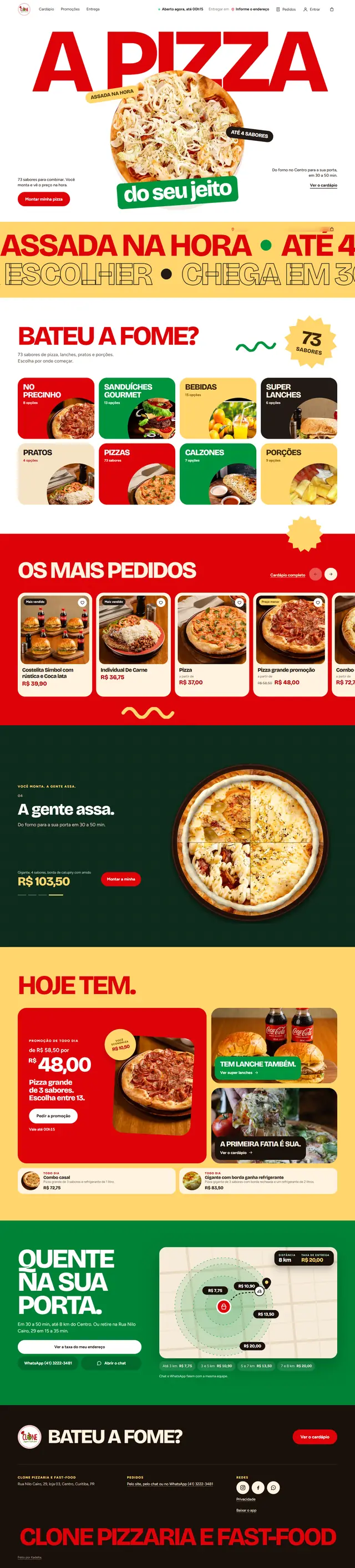 A home da Clone Pizza no computador: o título gigante, as categorias em blocos de cor, os mais pedidos e a entrega.