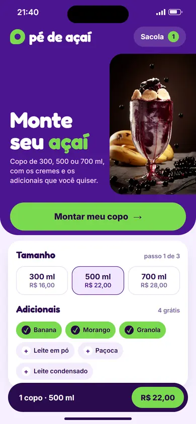 O site de pedidos da loja no celular, com um pedido novo chegando ao painel e a resposta da IA no WhatsApp.