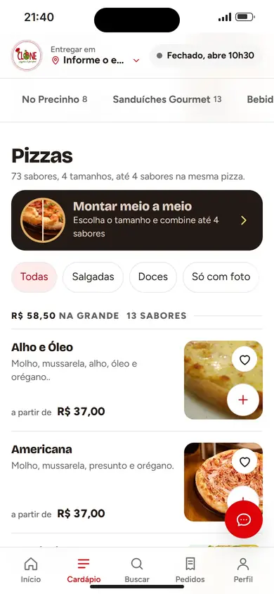 Cardápio do site da Clone Pizza no celular, com as categorias e as pizzas.