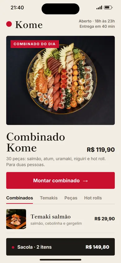 O site de pedidos da loja no celular, com um pedido novo chegando ao painel e a resposta da IA no WhatsApp.